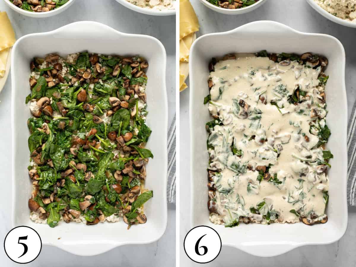 a 2-photo collage showing layering of vegetables and vegan white pasta sauce.
