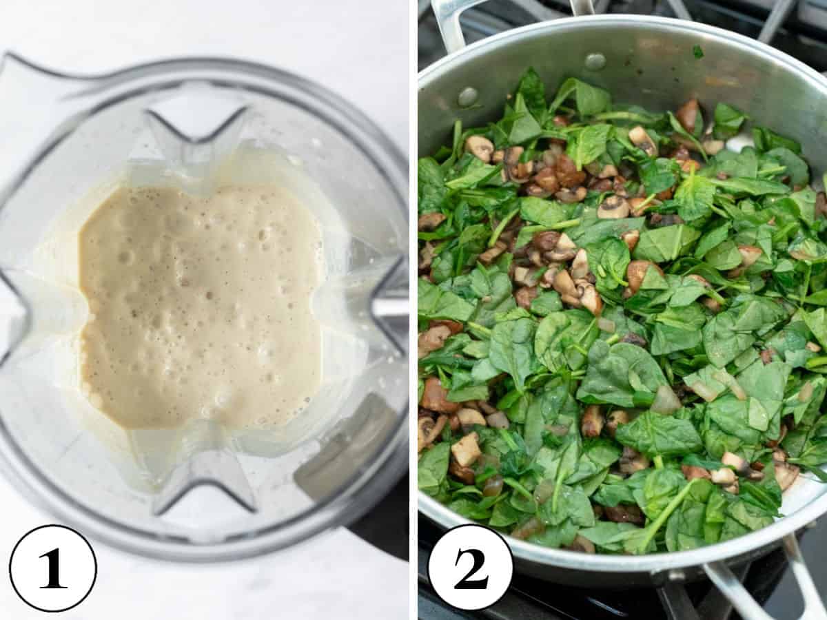two photos showing how to blend cashew white sauce and saute vegetables.