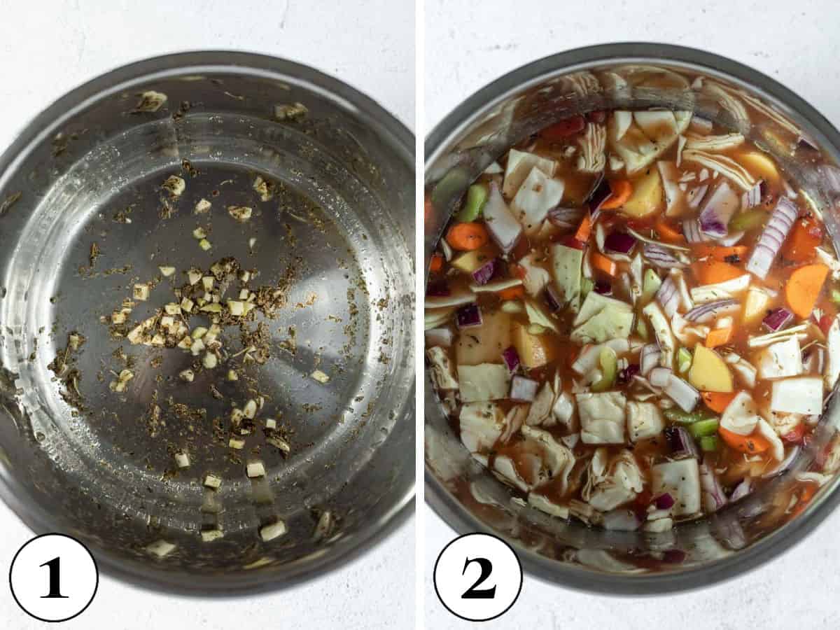 two photos showing the stages of adding the soup ingredients to the Instant Pot.