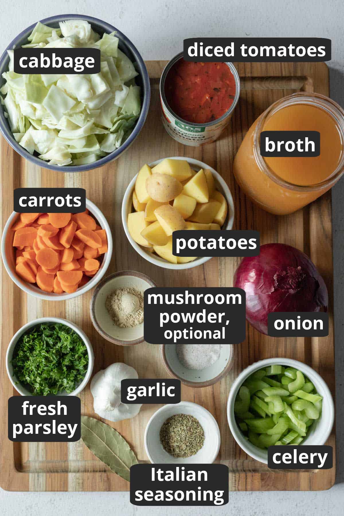 a labeled photo of the 12 ingredients needed for vegetable soup.