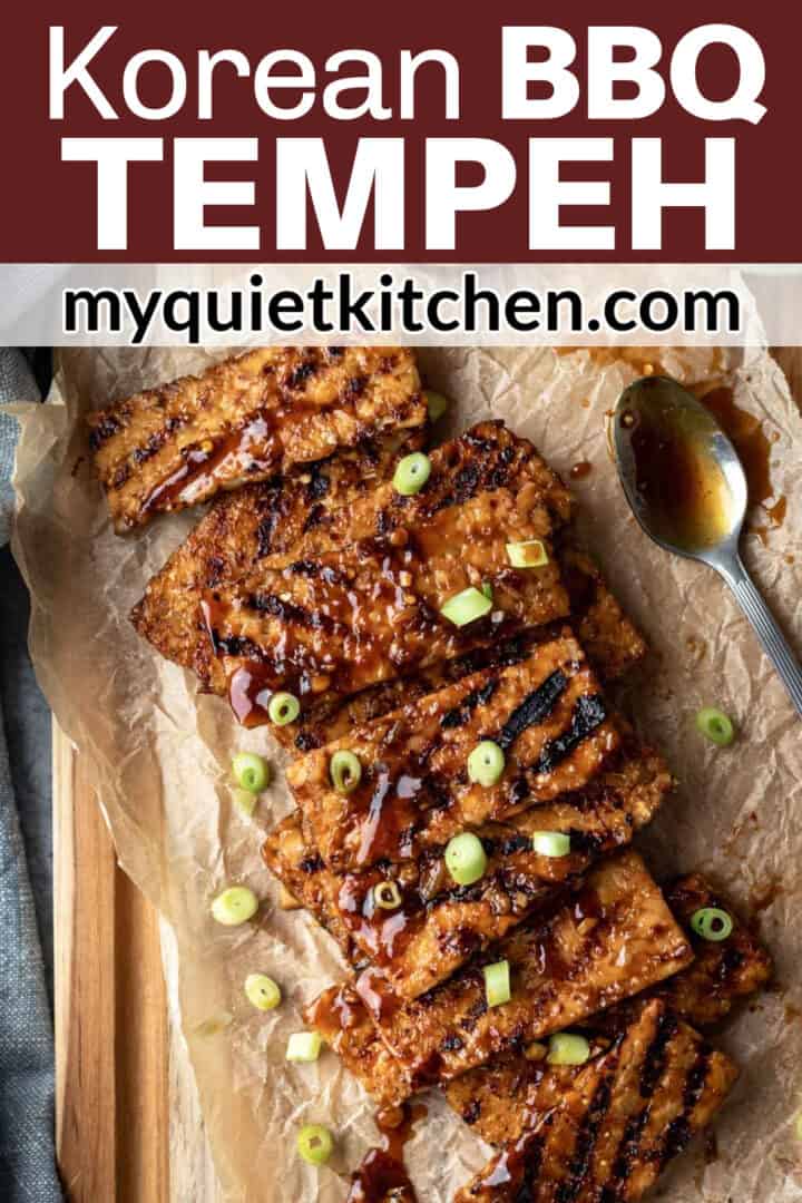 photo of bbq tempeh on a cutting board with recipe name text at top.
