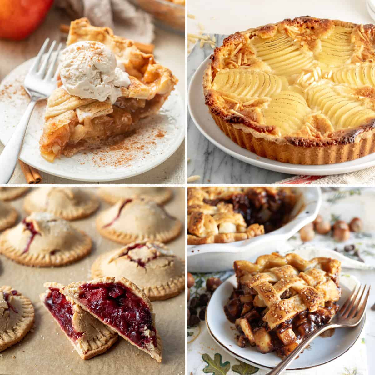 a square collage of four different vegan pies.