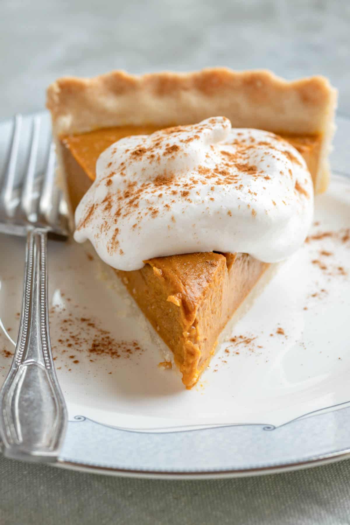 a slice of pumpkin pie on a small plate topped with dairy-free whipped cream and a dash of cinnamon.