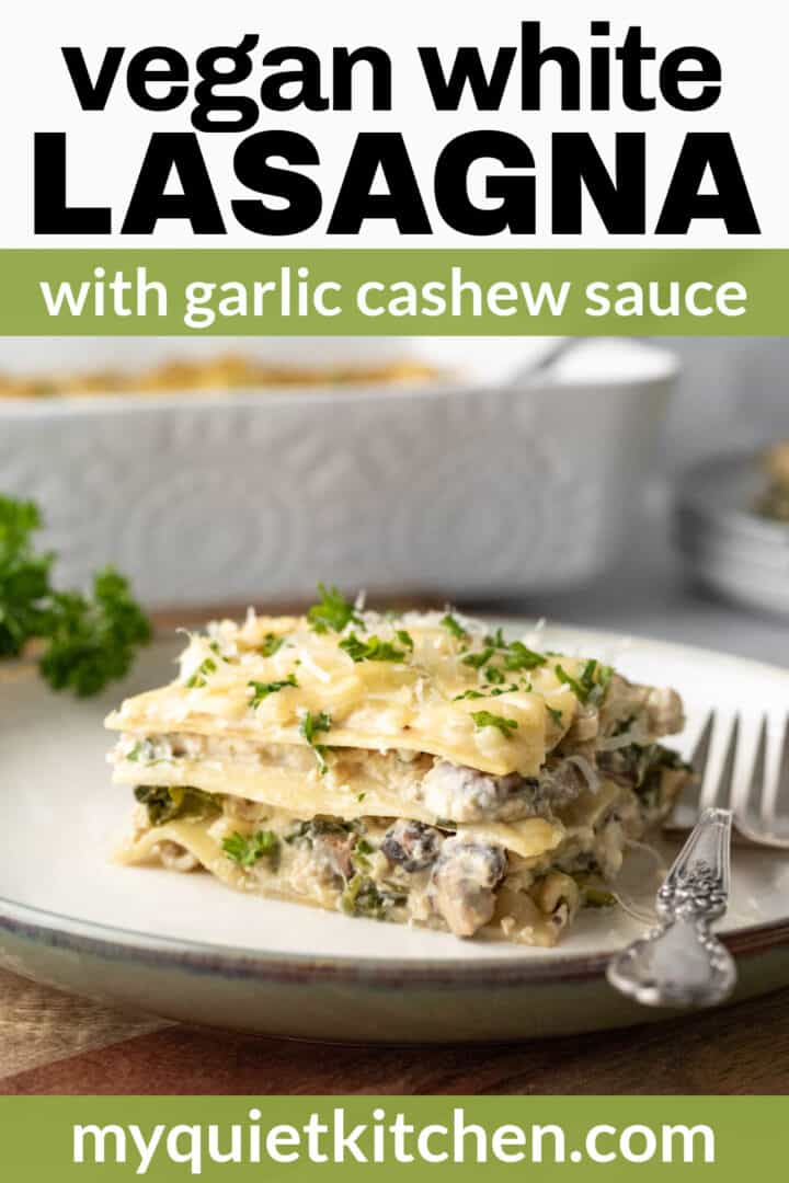 a serving of lasagna on a plate with recipe title overlay.