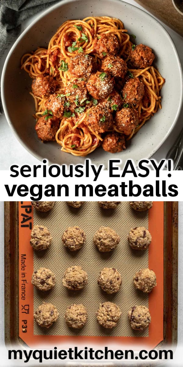 two photos of plant-based meatballs with text overlay to save on Pinterest.
