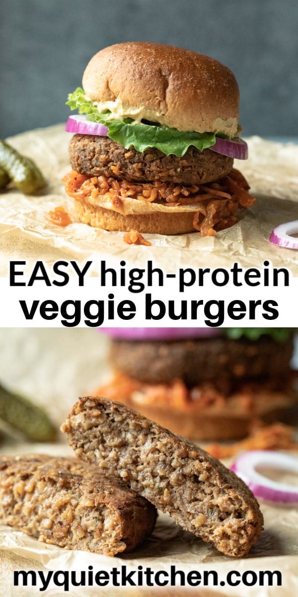 two burger photos with text overlay to save on Pinterest.