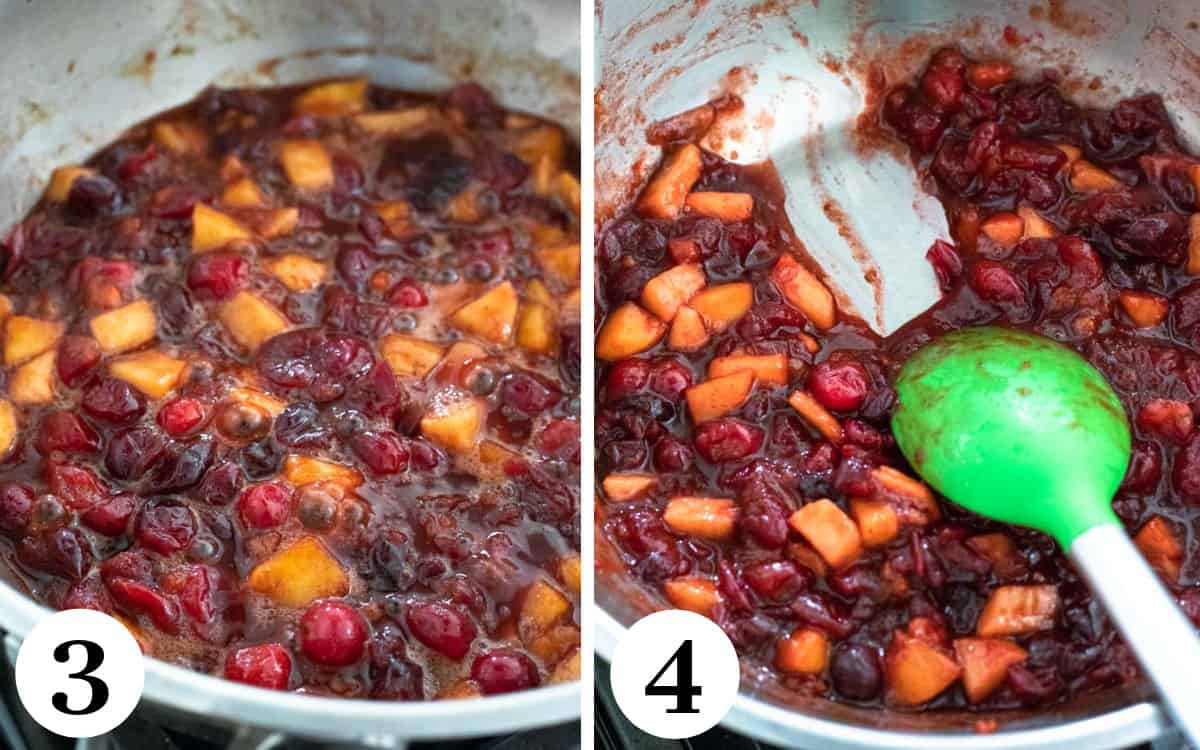 2 photos showing the final stages of the compote thickening in a sauce pan.
