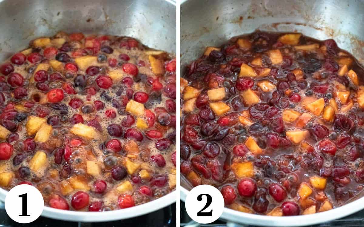 2 photos showing liquid bursting from cranberries then slowly thickening to create a chunky compote or sauce.