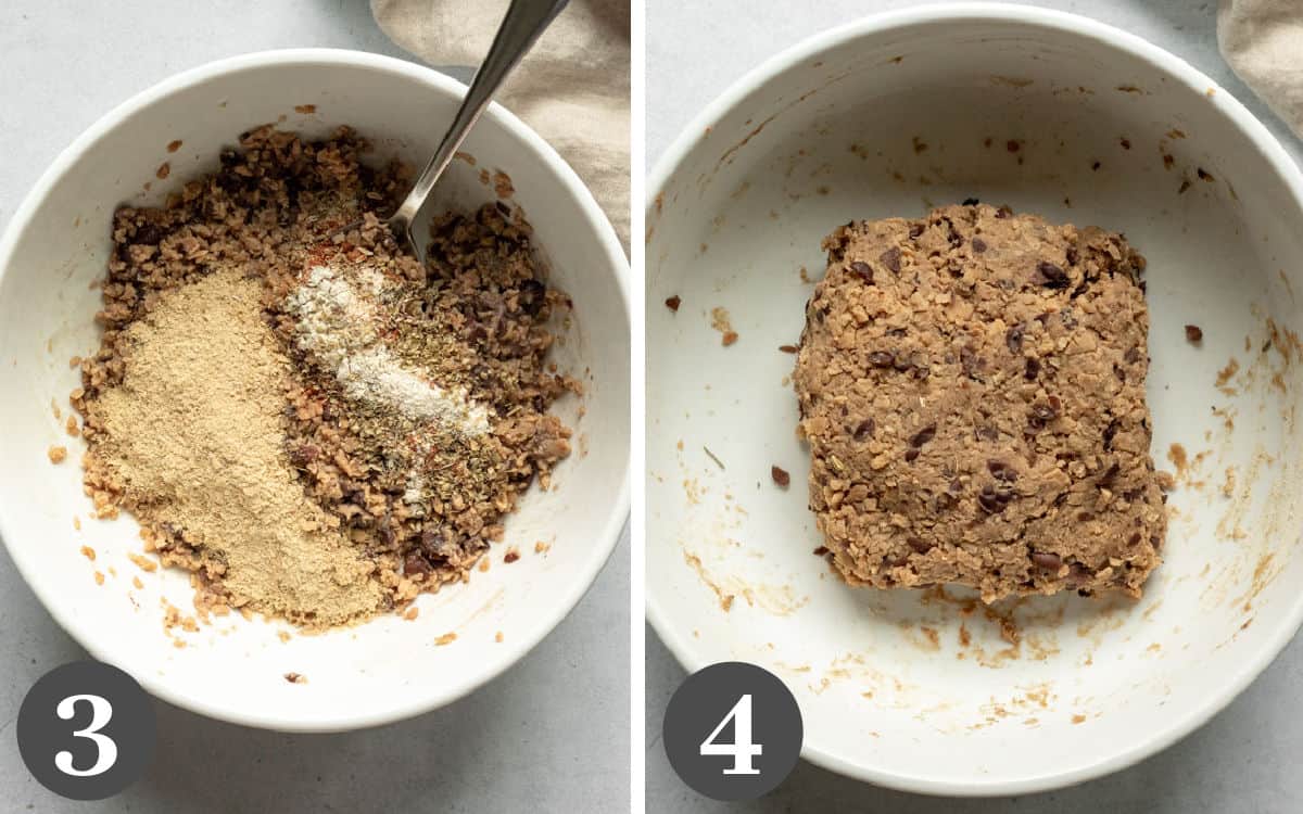 two photos showing when to add seasonings and vital wheat gluten to the mixture.