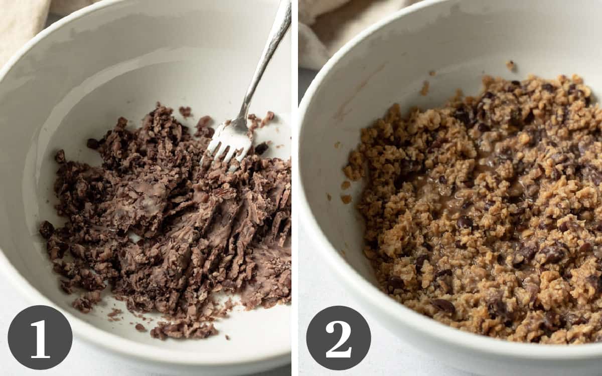 two photos showing how to mash the beans and add TVP in the same bowl.