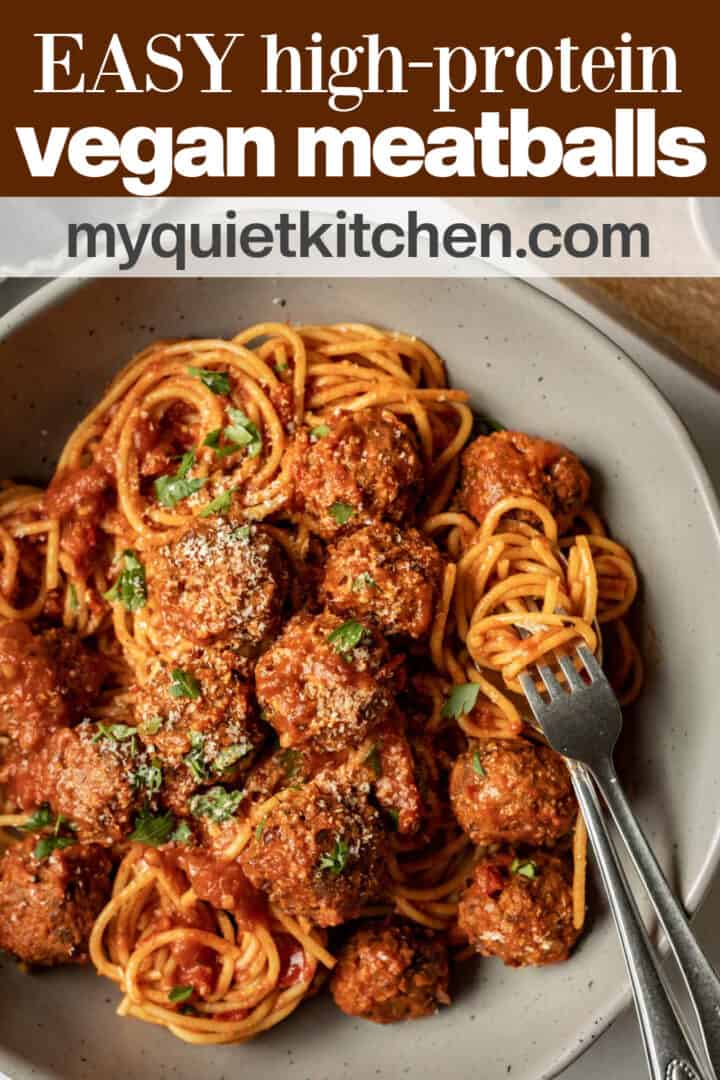 spaghetti and meatballs in a bowl with recipe name in text on top.