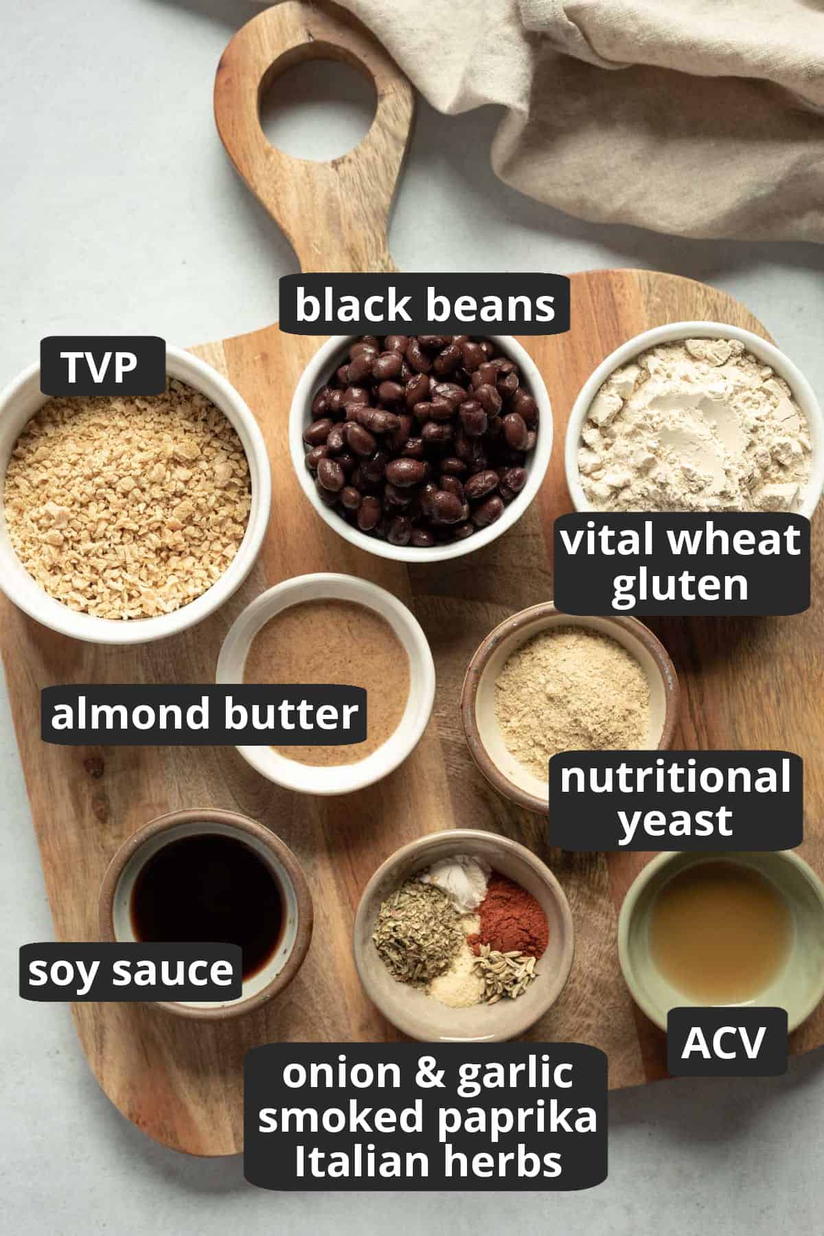 a labeled photo of the ingredients needed to make these plant based meatballs.