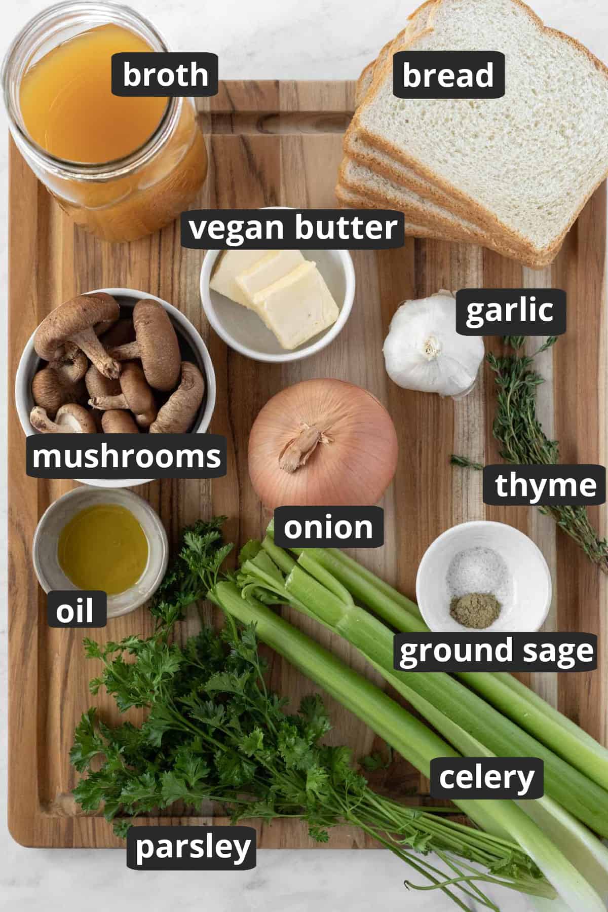 a labeled photo of the ten ingredients needed to make mushroom stuffing.