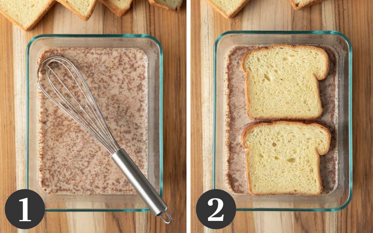 two photos showing how to make the vegan french toast batter and soaking the bread.