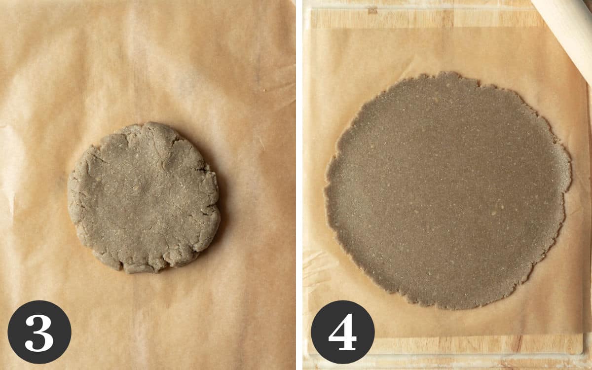 two photos showing how to roll out the gluten free pie dough.