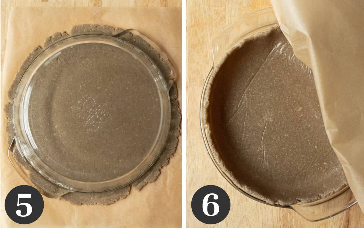 two photos showing how to large to roll out the dough and then flipped onto pie plate.