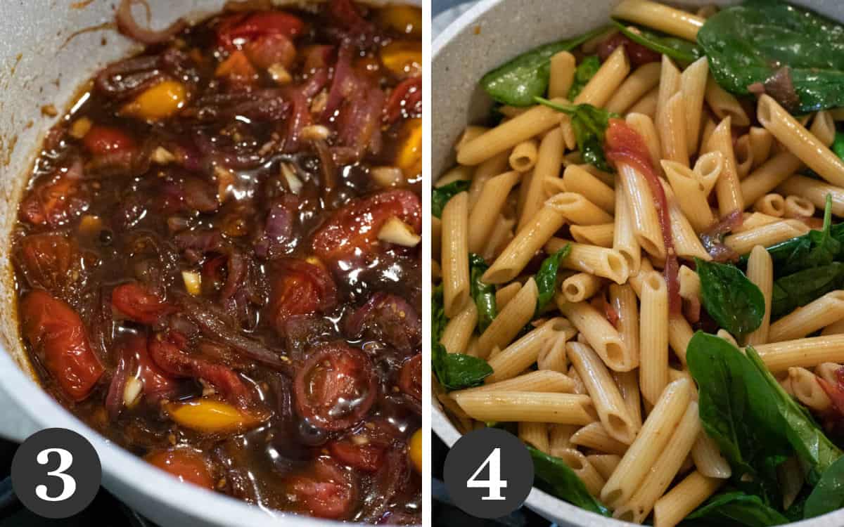 two photos showing the stages of simmering tomatoes, onion, balsamic then combining with pasta.