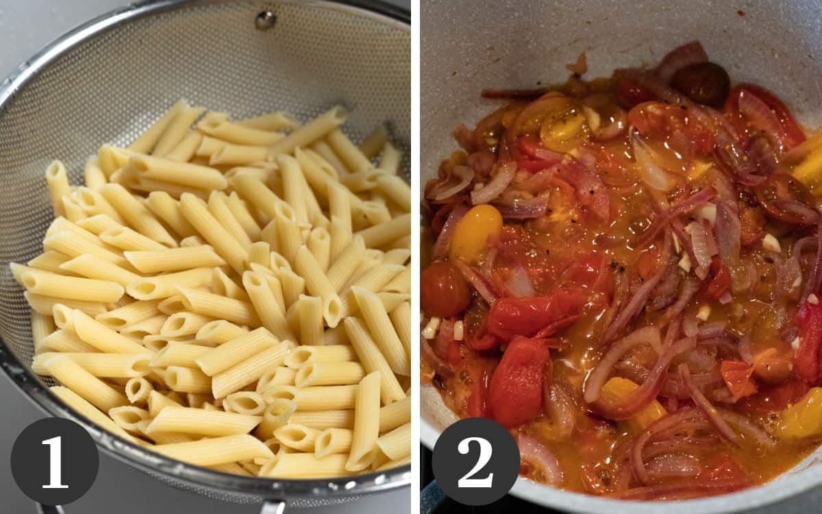 two photos showing pasta draining in a colander and onion and tomatoes simmering in a pot.