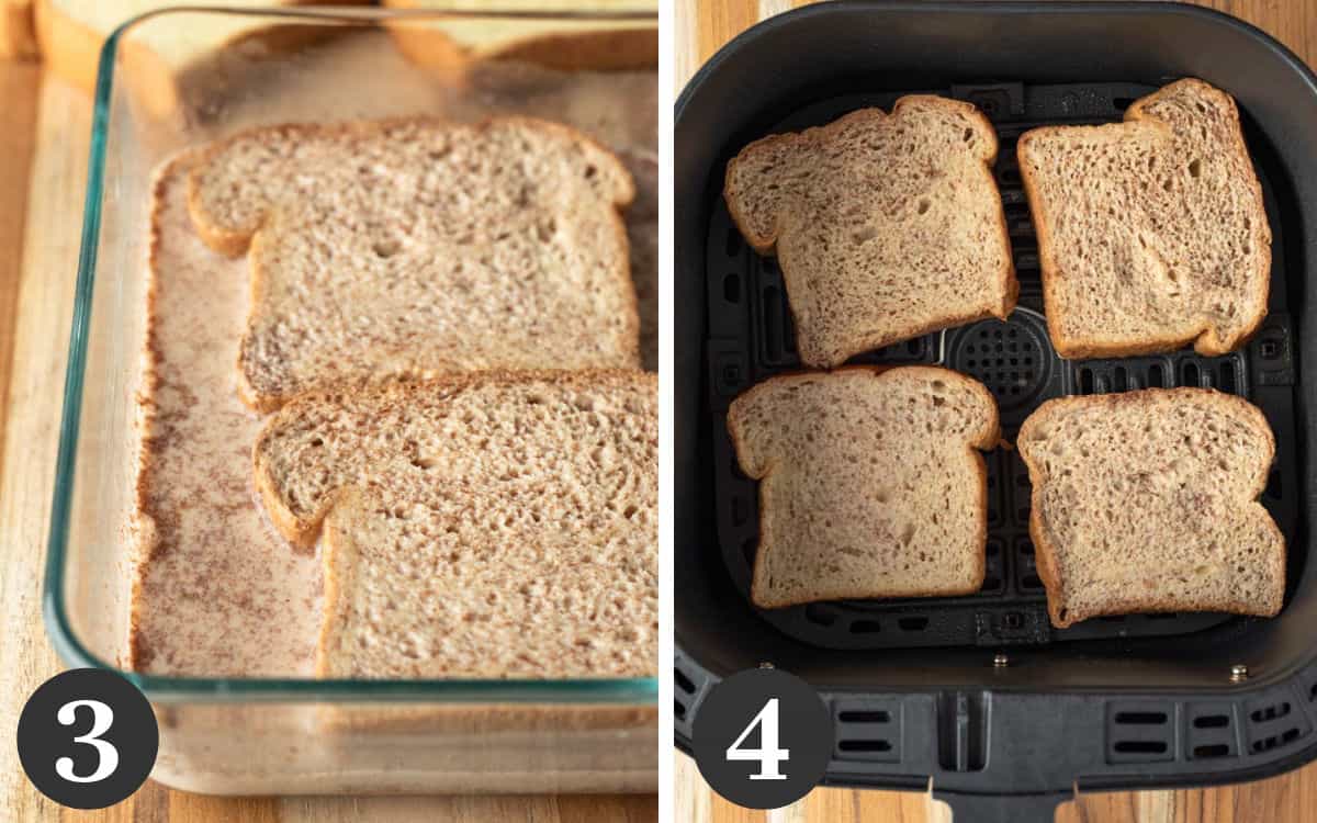 two photos showing the fully soaked brioche slices and resting inside the air fryer basket.
