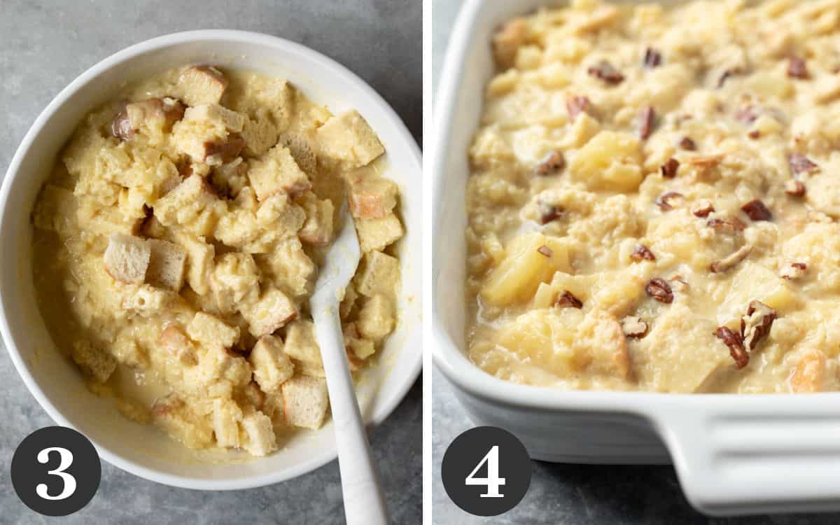 2-photo collage of mixing in bread cubes and transferring to baking dish.