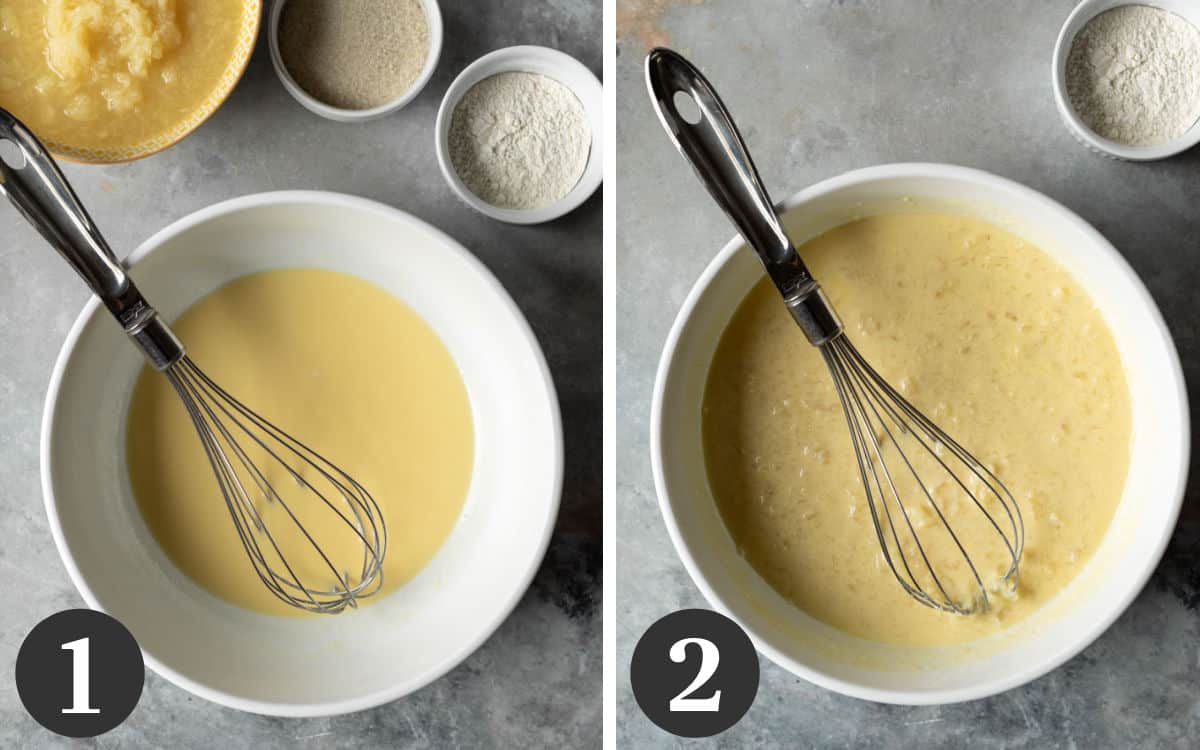 2 photos showing the order to whisk together wet ingredients.
