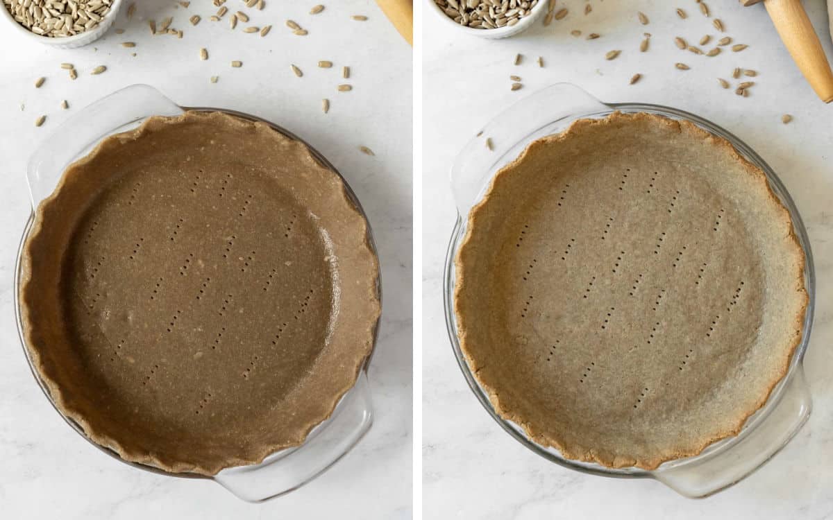 two photos showing how the color of the pie crust changes after baking.