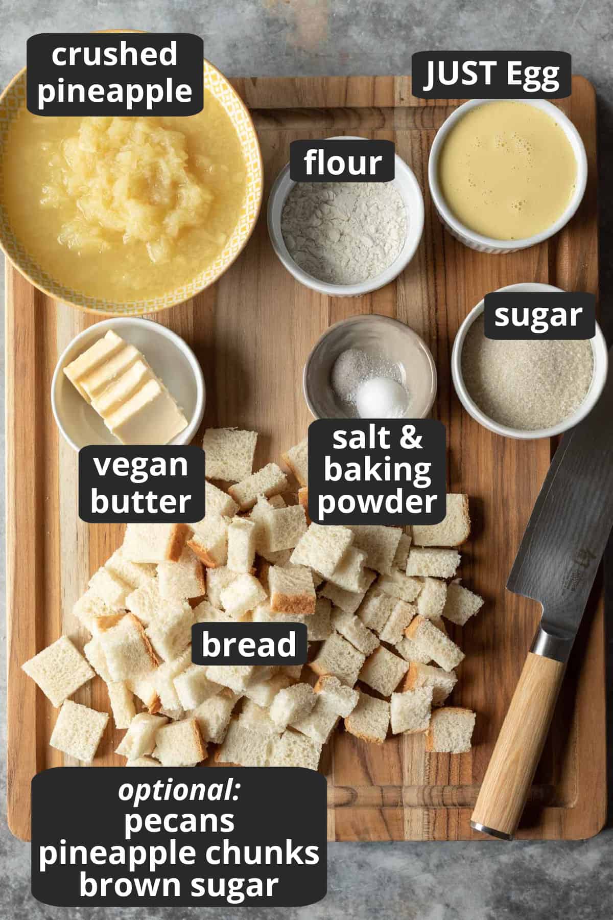 a labeled photo of the ingredients needed to make pineapple stuffing vegan.