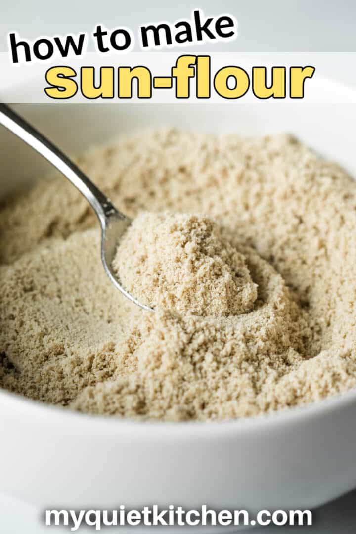 photo of seed flour with recipe name text overlay.
