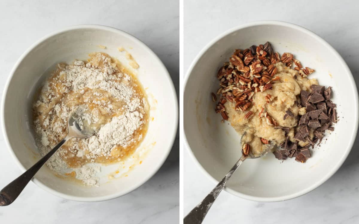 Two photos showing the steps of mixing the cookie dough.