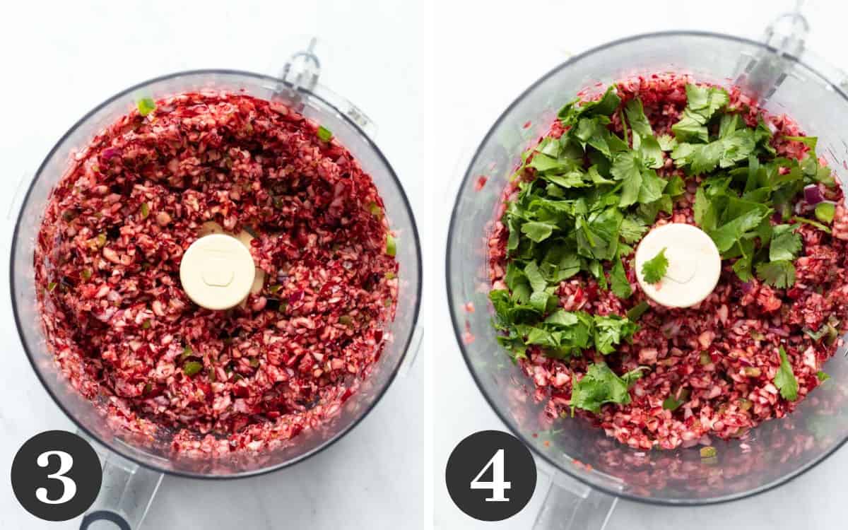 Two-photo collage showing steps 3 and 4 of processing the salsa ingredients.