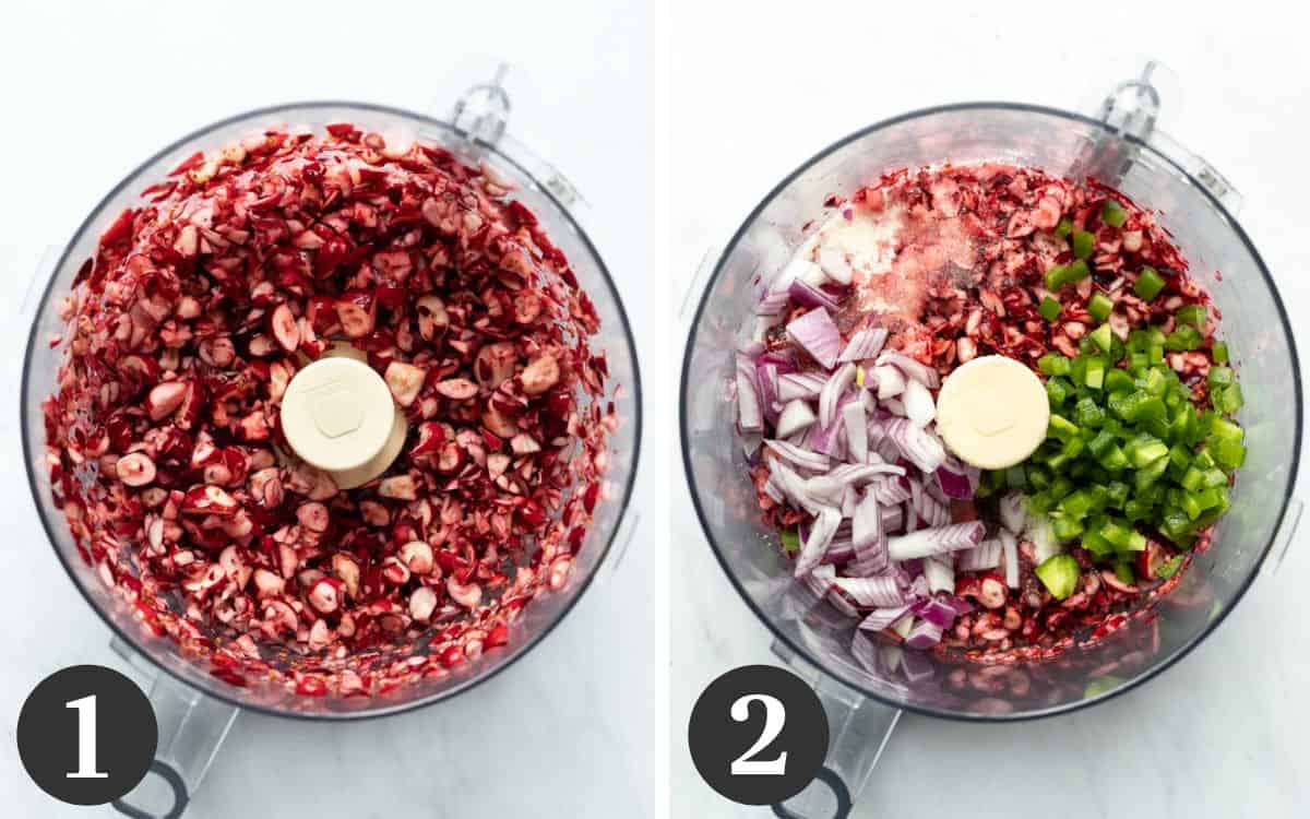Two photos showing how to process the cranberries and other ingredients in cranberry salsa.
