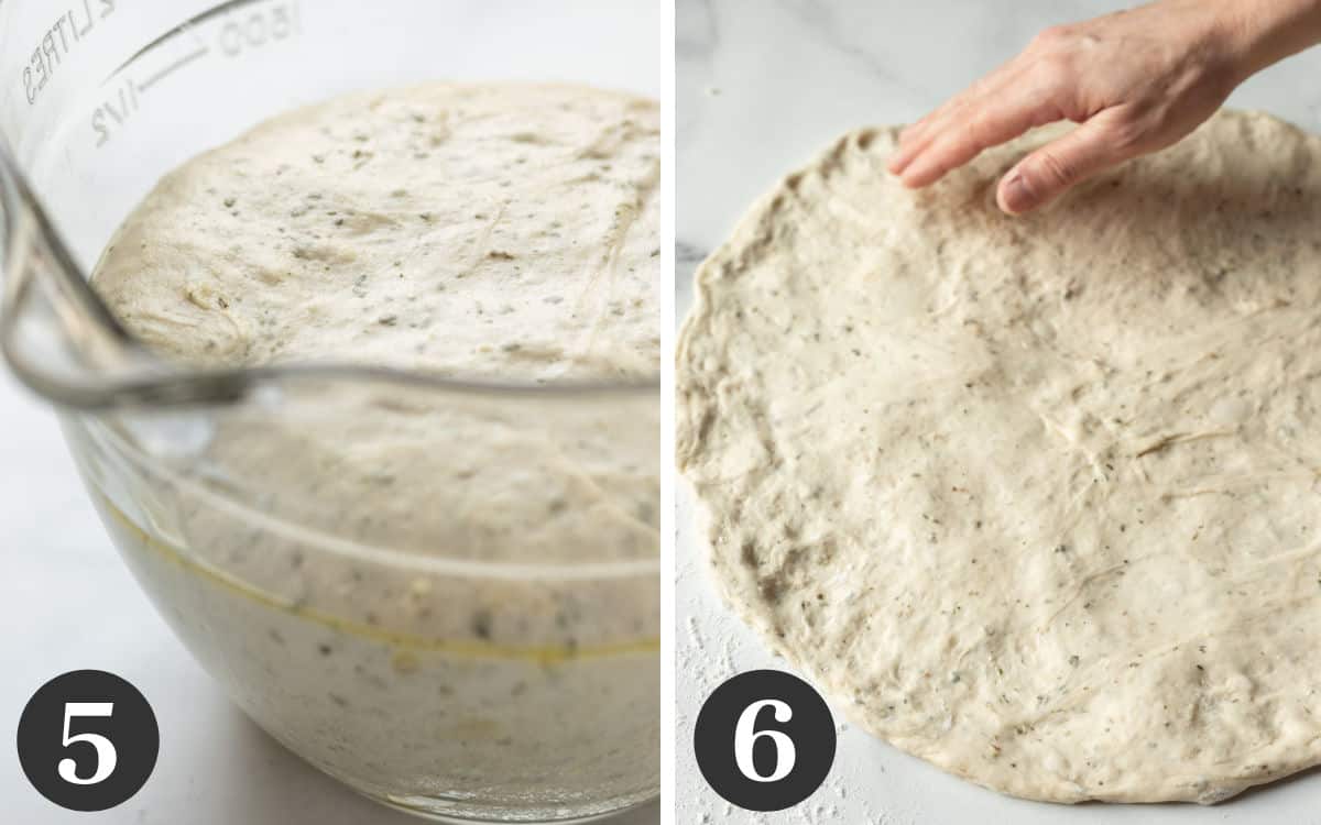 two photos of the dough doubled in size after rising and being stretched out into a round.