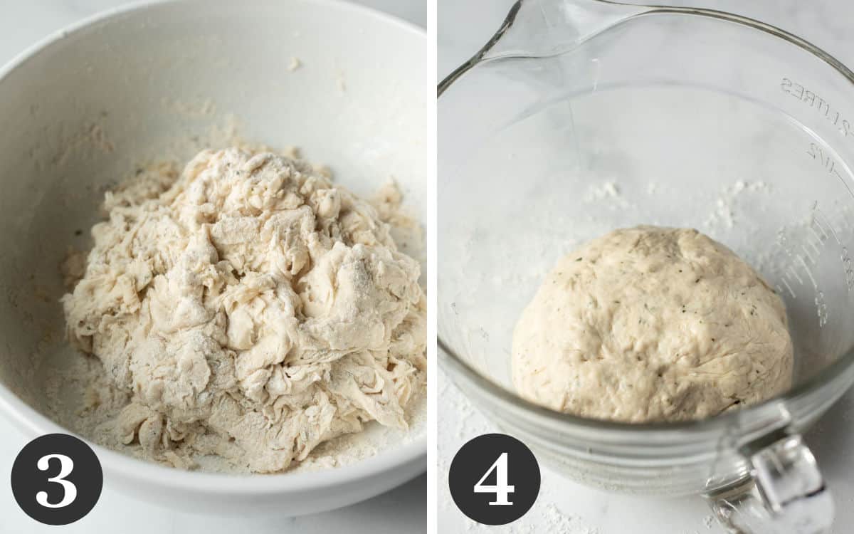 two photos showing how to mix the dough and place in oiled bowl after kneading.
