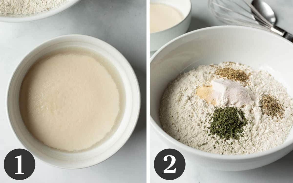 a 2-photo collage showing how to proof the yeast and mix the dry ingredients in a separate bowl.