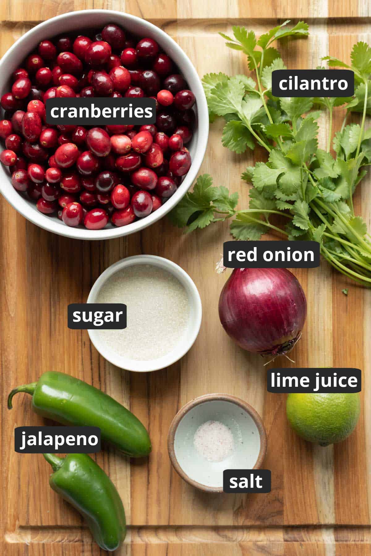 labeled photo of the 7 ingredients needed to make cranberry salsa.
