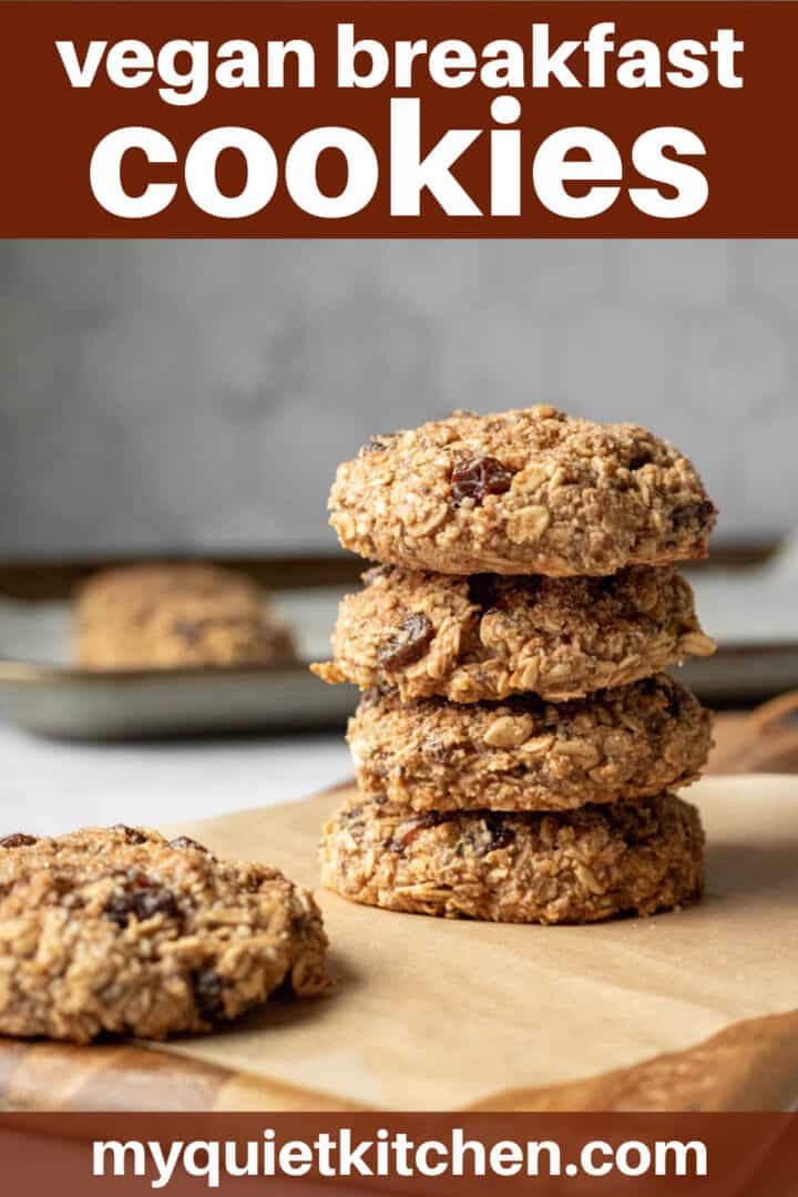 a stack of healthy cookies on parchment paper with recipe name to save on Pinterest.