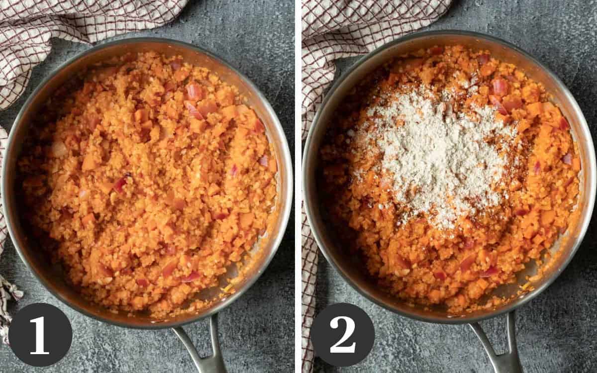 Two photos showing how to simmer the veggies in Frank's red hot sauce then thicken with oat flour.