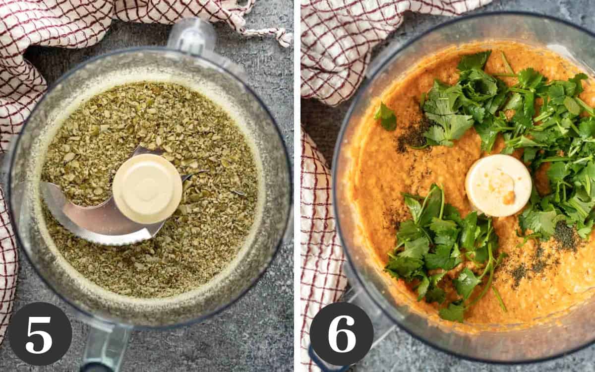 Two photos showing how to pulse pumpkin seeds and process the dip miture.
