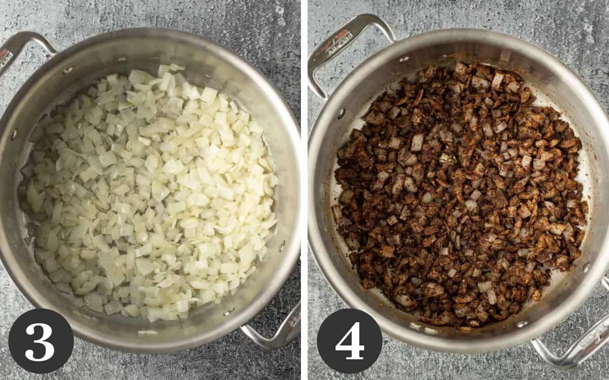 Sauteing onion and adding spices to the pot.