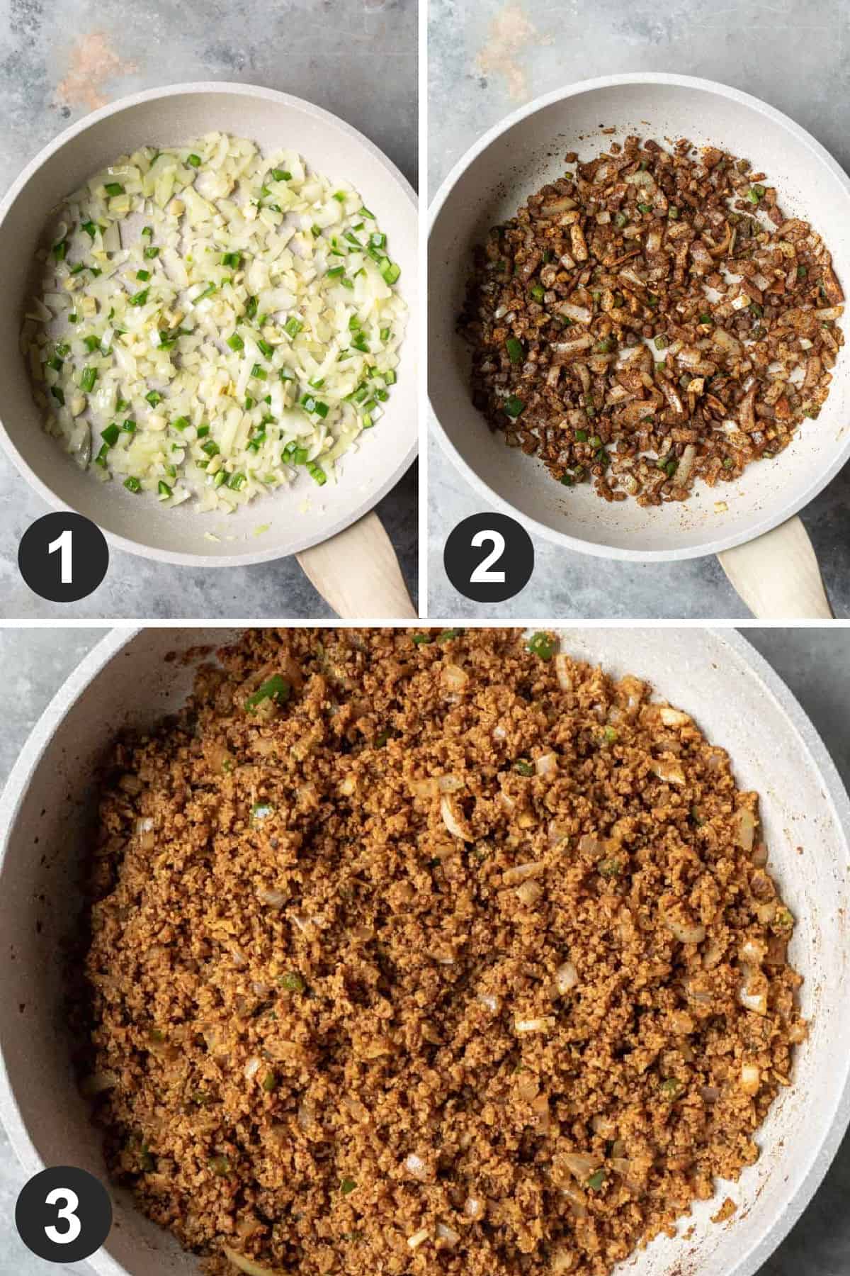 a 3-photo collage showing the stages of cooking TVP taco meat.