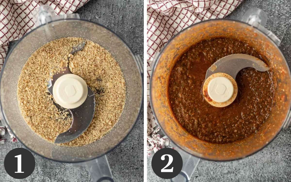 A 2-photo collage showing how to process and puree ingredients for chili in a food processor.