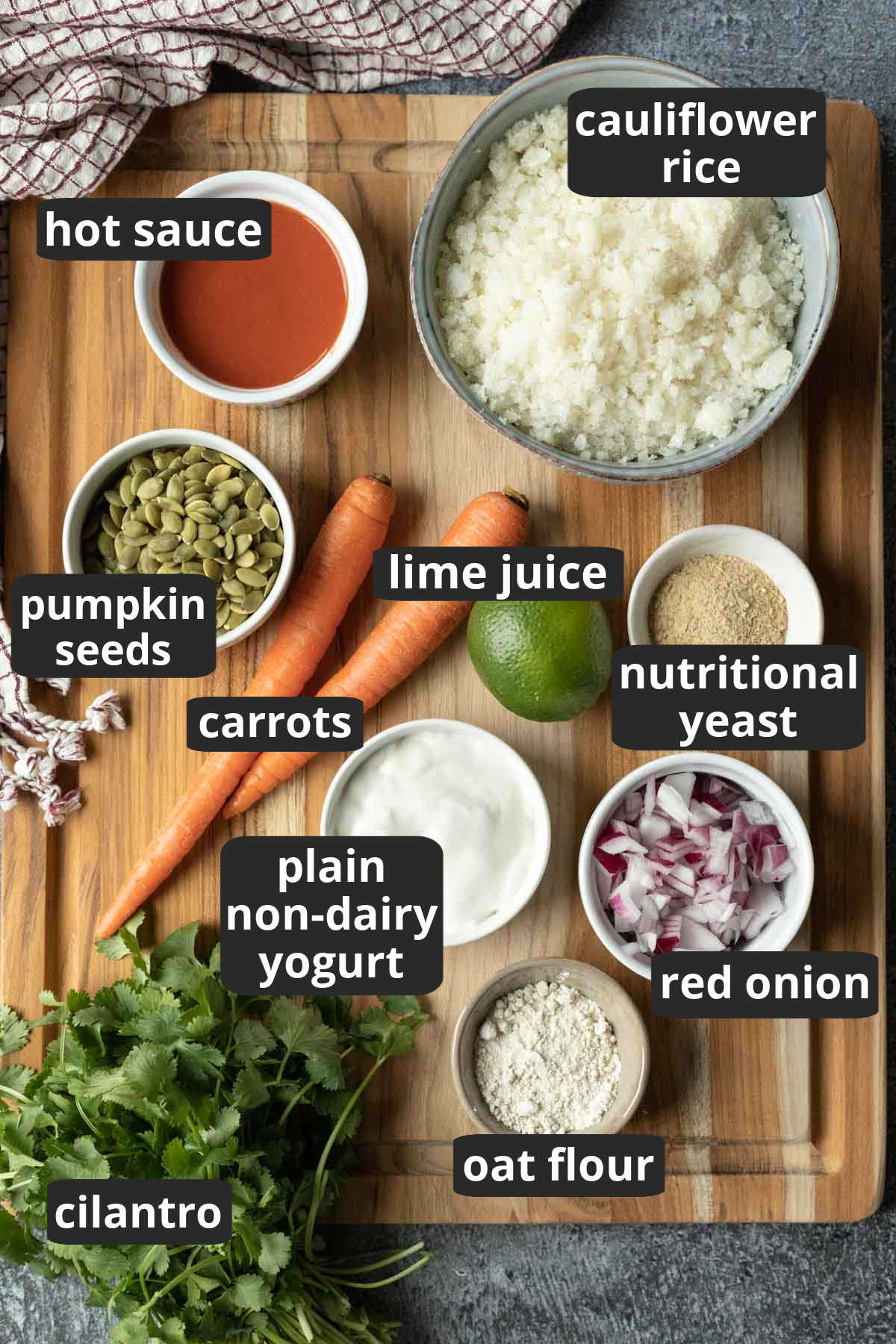 labeled photo of the ten ingredients to make healthy buffalo dip.