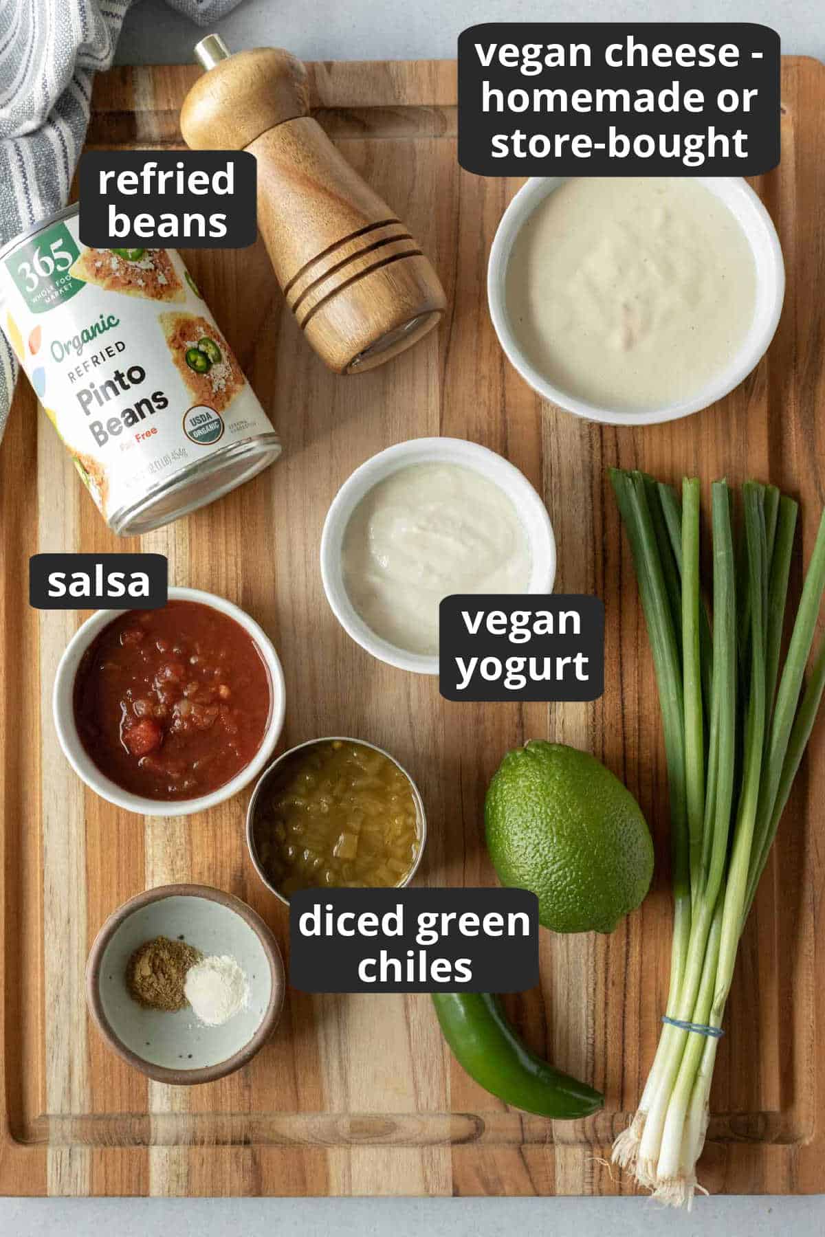 labeled photo of the ingredients needed for vegan bean dip.