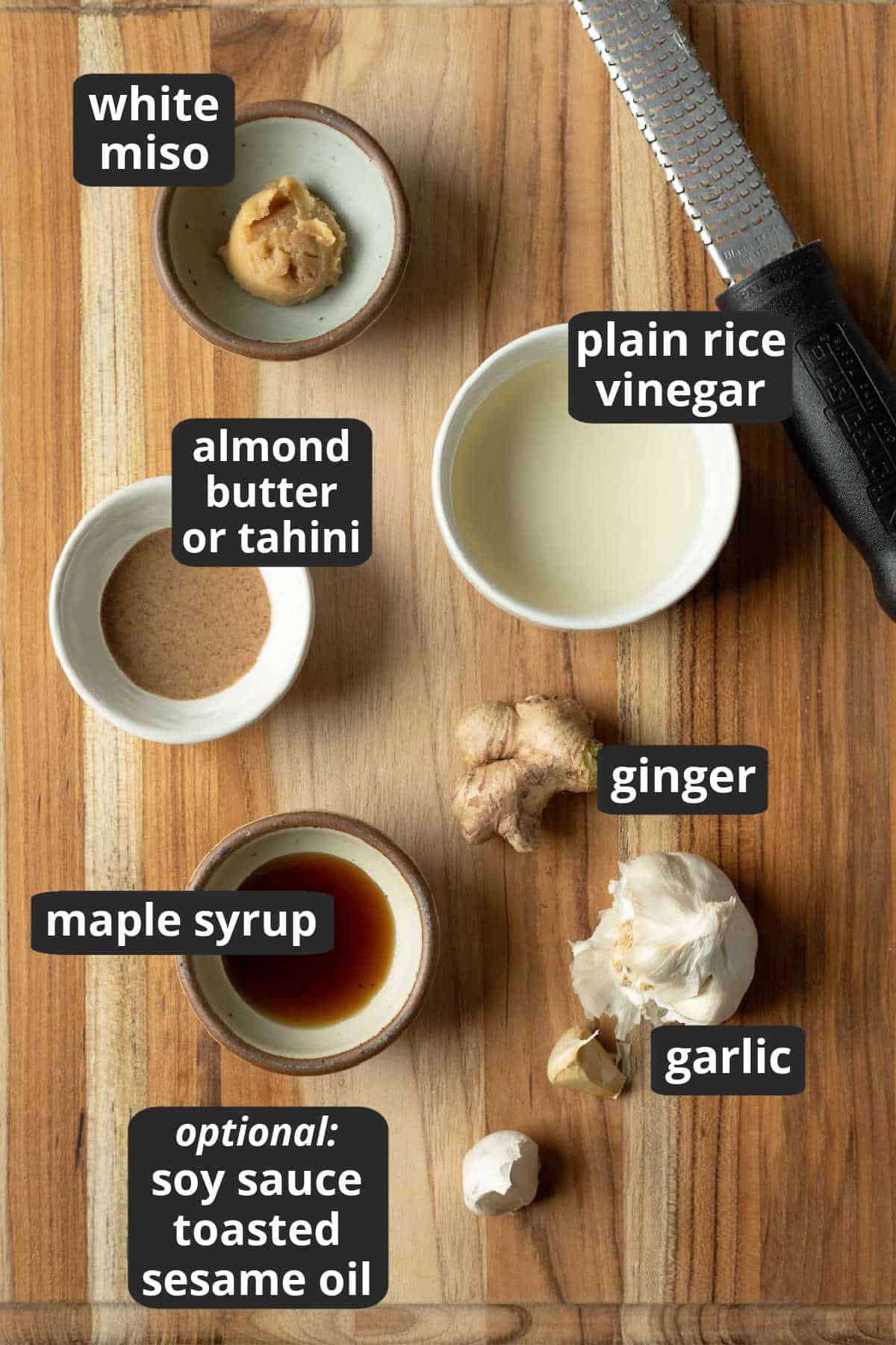 A labeled photo of the 7 key ingredients needed to make miso sauce and dressing.