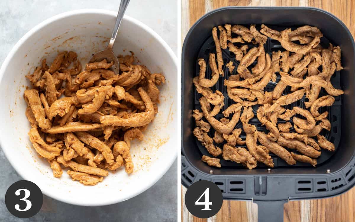 Marinated soy curls in a bowl and then spread in the air fryer basket.
