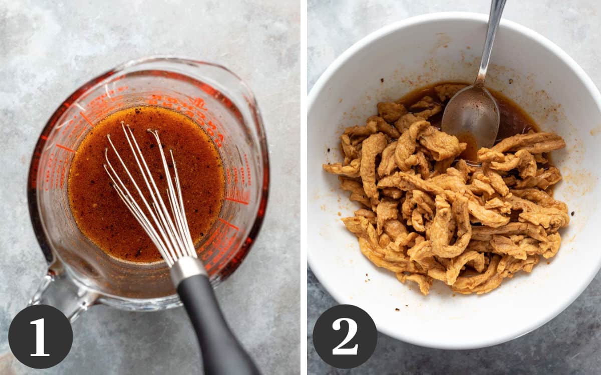 Two photos showing how to make the marinade and then coat the soy curls.