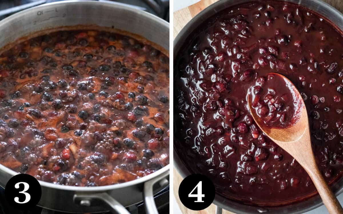 Two photos showing the progression of cooking barbecue sauce on the stove.