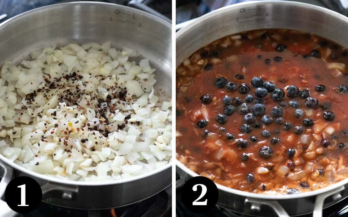 Sauteing onion, tomato sauce, and other ingredients on the stove for barbecue sauce.