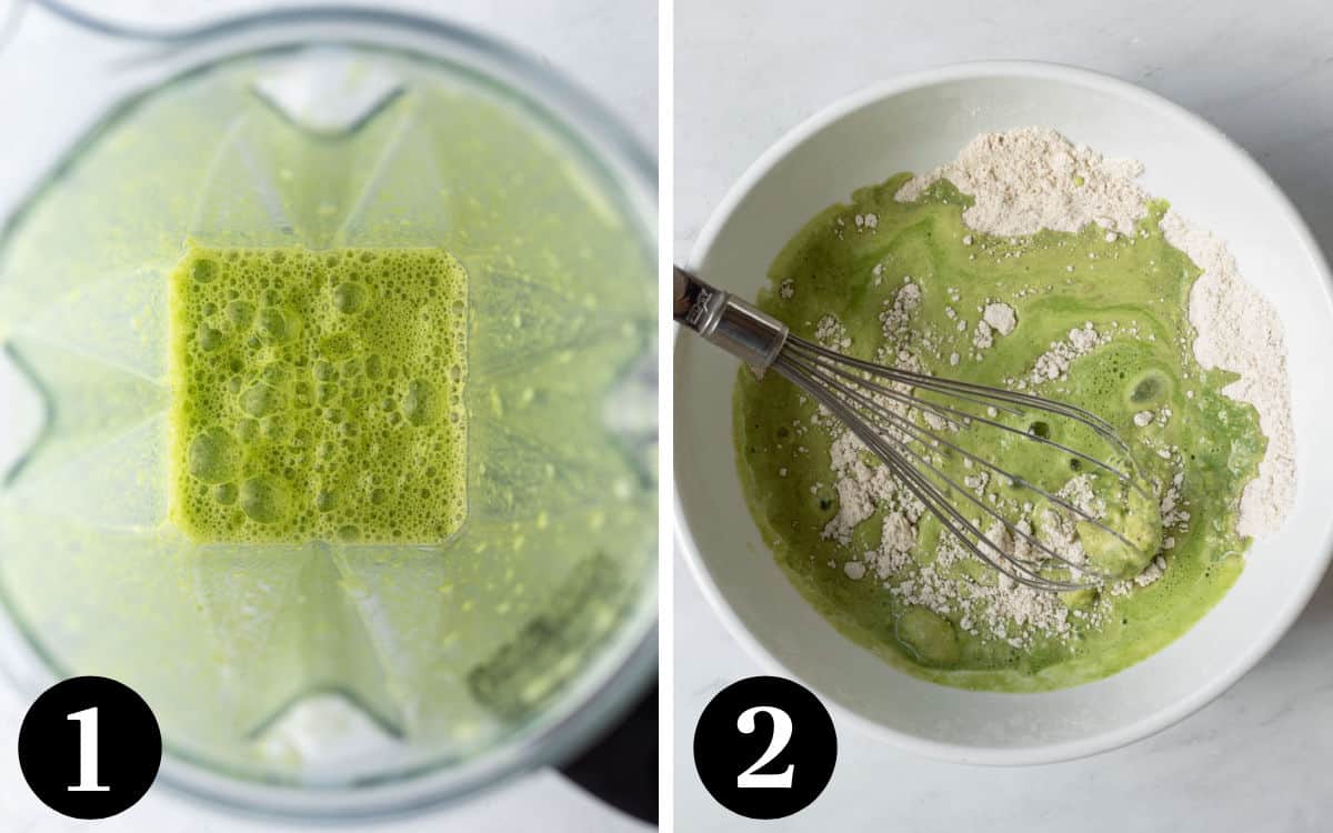 Two photos showing how to blend the spinach and milk mixture then make the batter.