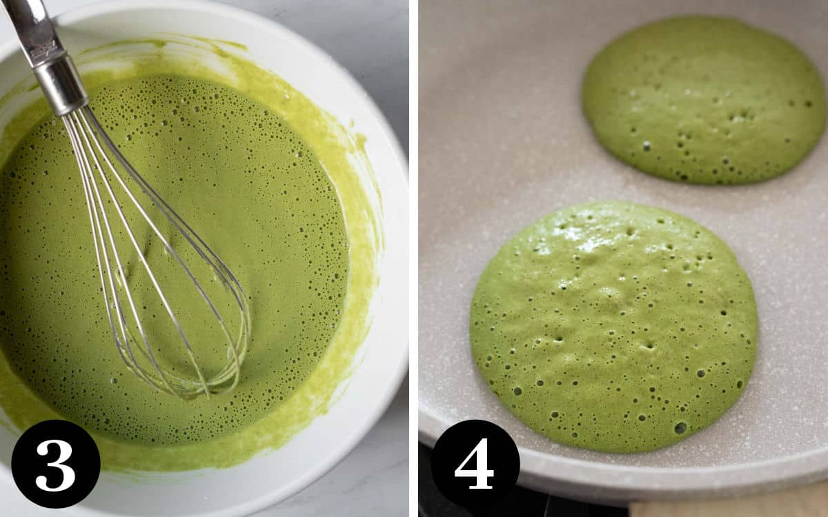 Two photos showing the consistency of the batter and when to flip spinach pancakes.